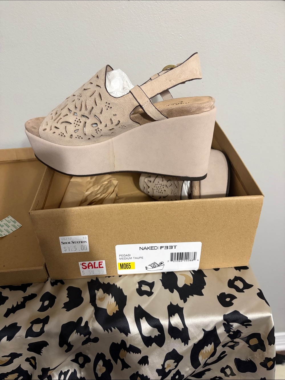 Naked Feet Taupe Laser-Cut Platform Wedge Slingback